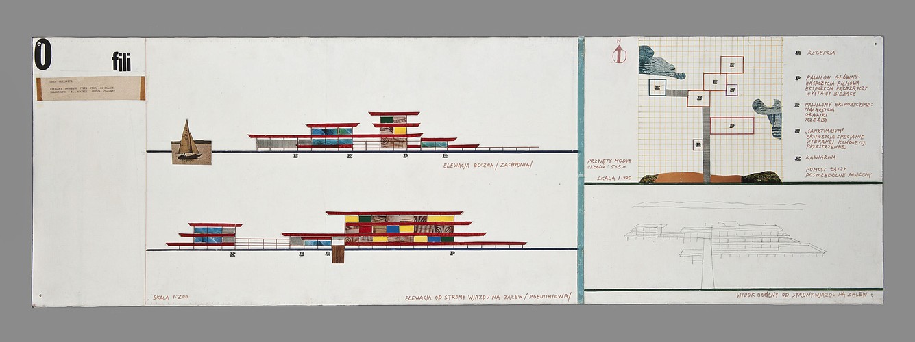 Jerzy Olkiewicz  Projekt filii Muzeum Narodowego na Zalewie Zegrzyńskim, 1971 kolaż, gwasz, ołówek, flamaster, druk, papier na sklejce, 49 × 154 cm,  Muzeum Narodowe w Warszawie