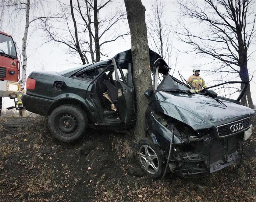 Auto owinęło się wokół drzewo