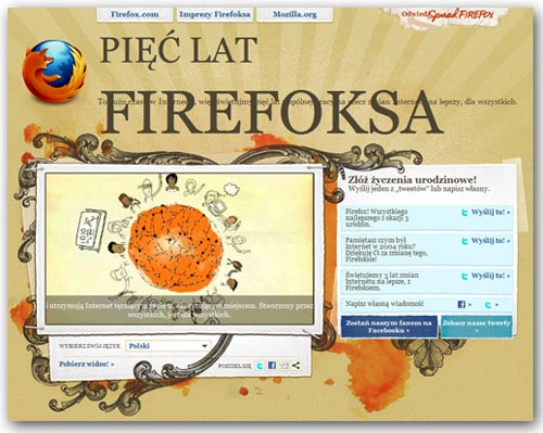 Okolicznościowa strona internetowa z okazji piątych urodzin przeglądarki internetowej Firefox