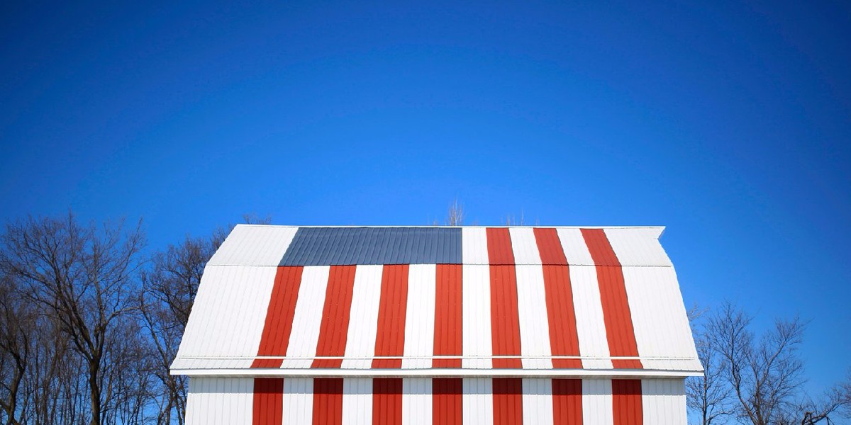 A barn painted with a US flag in Homestead, Iowa, seen in 2015.