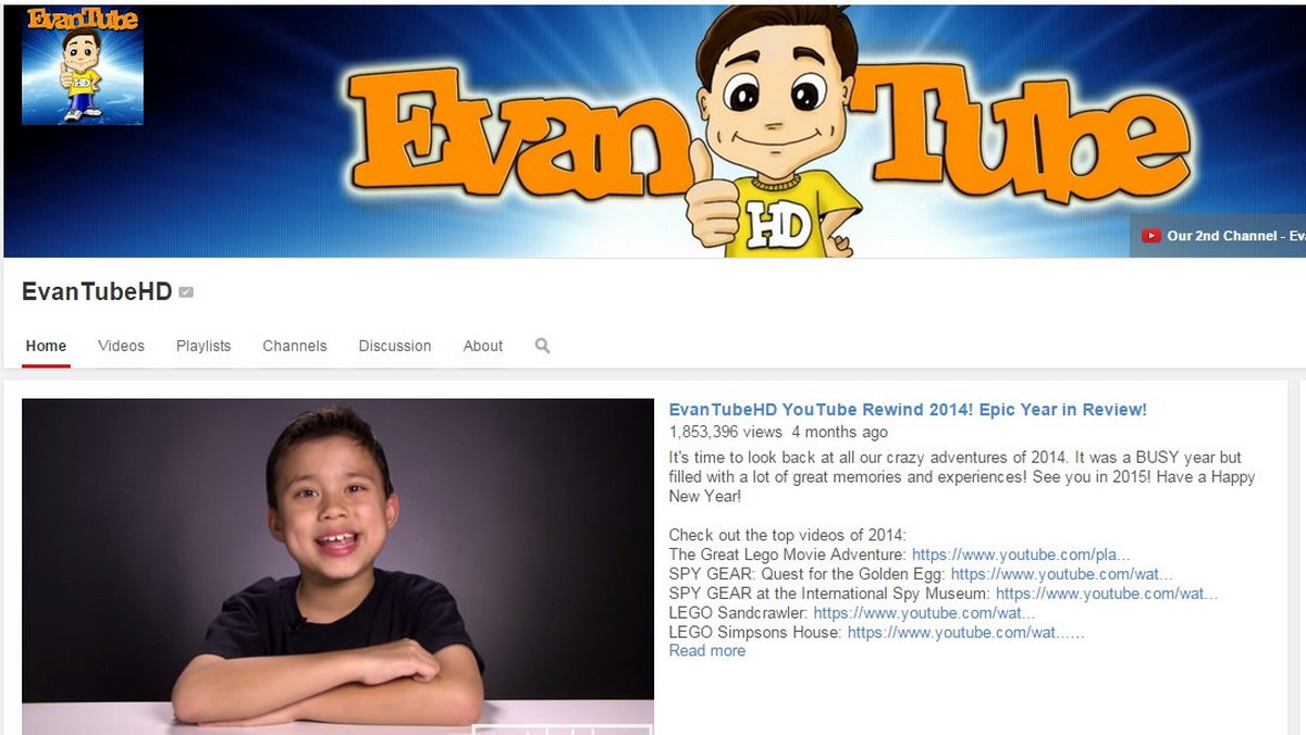 Evan ma dziewięć lat i już stał się gwiazdą YouTube. Ma własny kanał na YouTubie, na którym recenzuje zabawki i gry wideo. Rodzice dodają do jego filmików "efekty specjalne". Testy Evana cieszą się tak dużą popularnością, że chłopiec zarabia 1,3 mln dolarów rocznie.