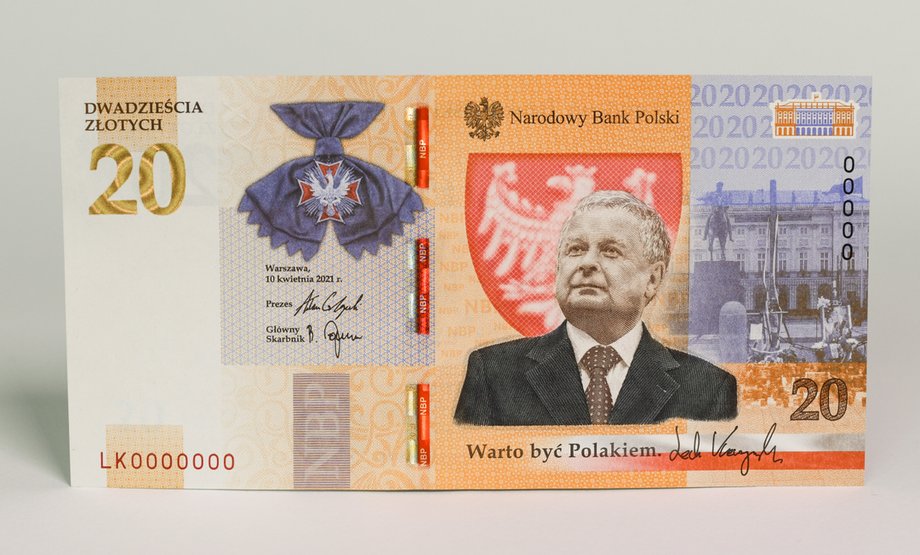 Przednia strona banknotu kolekcjonerskiego z wizerunkiem Lecha Kaczyńskiego