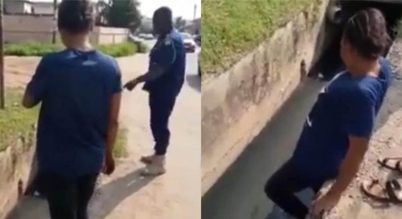 Police officer forces beautiful lady to enter dirty gutter to pick ‘pure water’ sachet