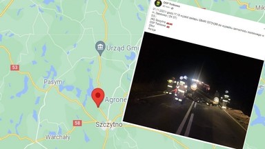 Groźny wypadek na Mazurach. Auto dachowało przez stado dzików stojące na drodze