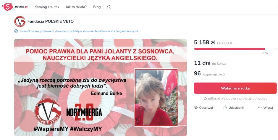 Fundacja "Polskie Veto" związana z Grzegorzem Braunem prowadzi zbiórkę dla Jolanty Lamprecht