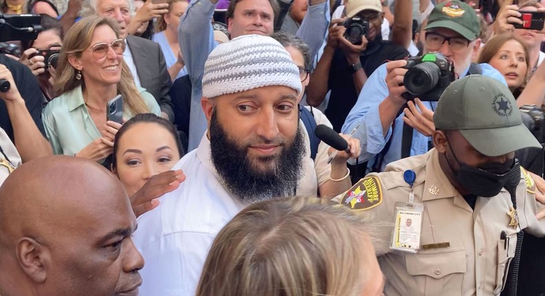 Syed leaving the courthouse after being released from prison.