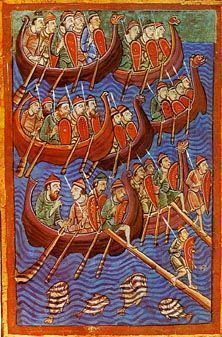 Duńczycy atakujący Anglię (miniatura z żywotu św Edmunda, XII w, domena publiczna)