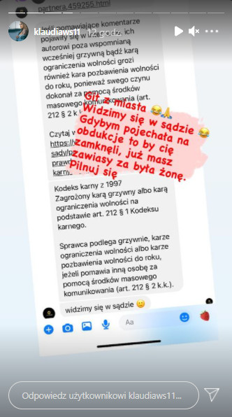 Klaudia Stec z "Warsaw Shore" dodała w relacji na Instagramie wpisy związane z pobiciem jej, którego miał dopuścić się jej były partner