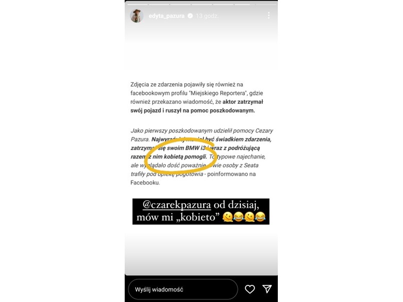 Widok InstaStories zamieszczonego na profilu Edyty Pazury