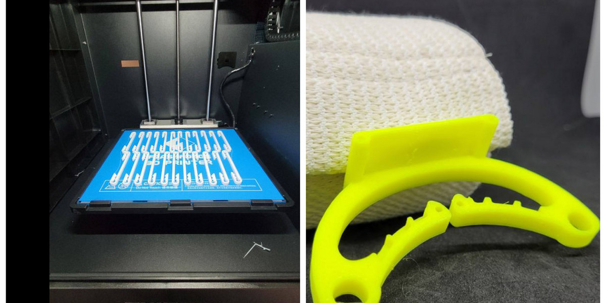 Drukarki 3D pozwalają na produkcję sprzętu medycznego i wojskowego. Na zdjęciu wnętrze drukarki i fragment zestawu do szybkiego bandażowania.