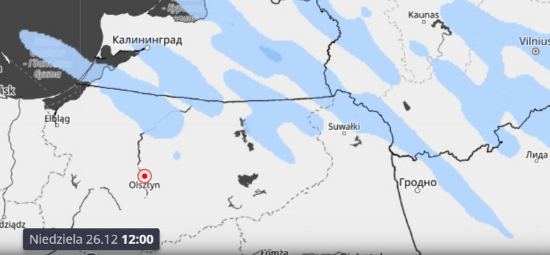 Przewidywane opady śniegu na północy Polski w niedzielę 26 grudnia o godz. 12