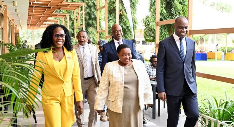 PM Robinah Nabbanja together with Ministers Evelyn Anite and Henry Musasizi arriving at the conference