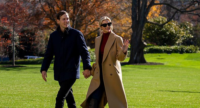 Jared Kushner and Ivanka Trump walk on the south lawn of the White House on November 29, 2020.
