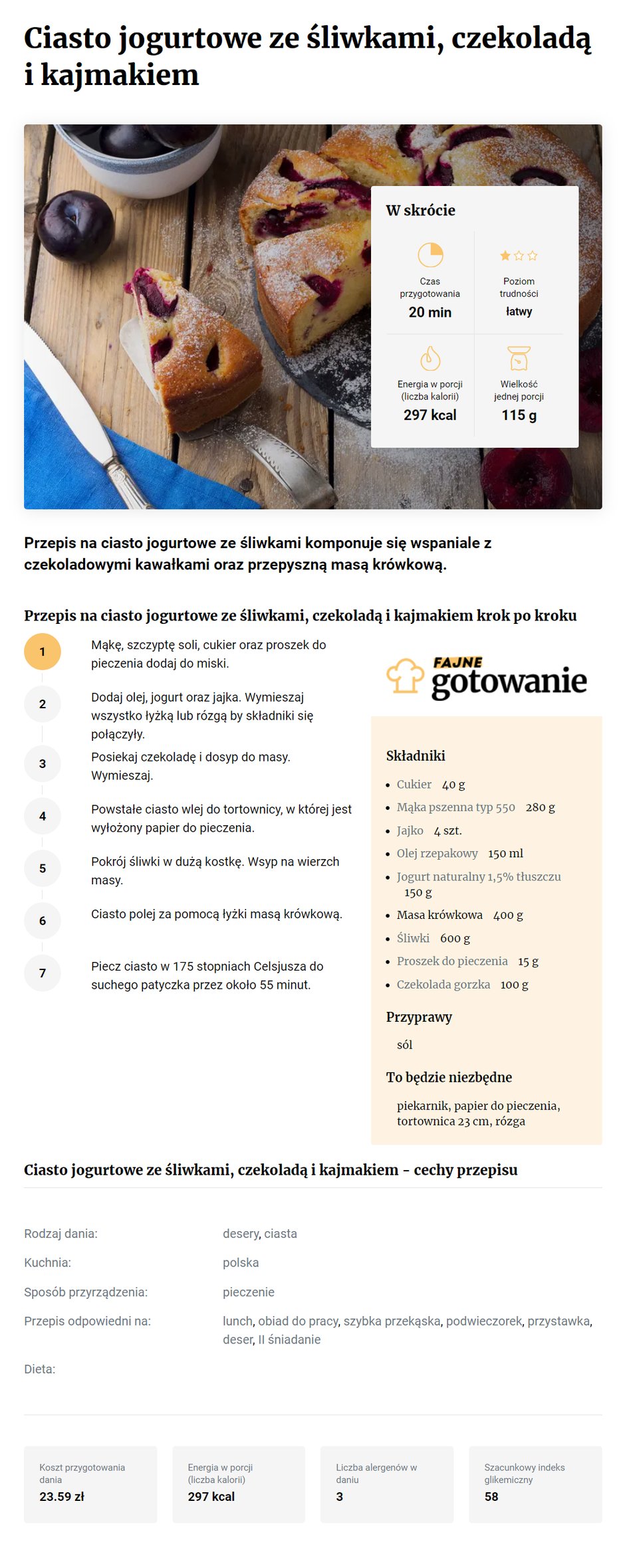 Ciasto jogurtowe ze śliwkami, czekoladą i kajmakiem