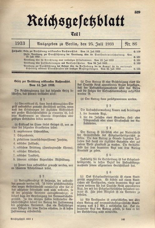 Ogłoszenie wejścia w życie "Ustawy o zapobieganiu narodzin potomstwa obciążonego chorobą dziedziczną", 25 lipca 1933 r.
