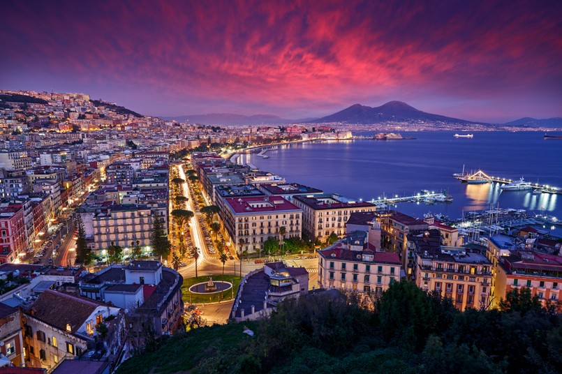 Naples,,Twilight,Evening,Pink,Violet,Sunset.,Town,Napoli,In,Italy,