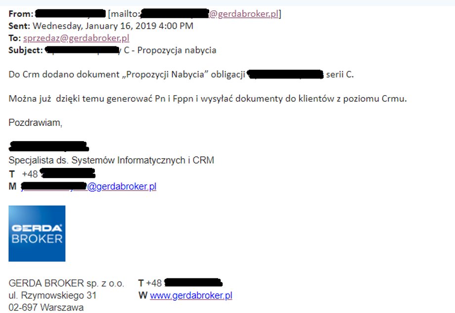 Przykładowa wiadomość do sprzedawców informująca, że oferta jednej z firm jest już dostępna w systemie CRM. Skrót "Pn" oznacza Propozycję nabycia, a "Fppn" - Formularz przyjęcia propozycji nabycia.