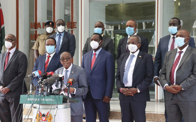 Head of Public Service and Secretary to the Cabinet Joseph Kinyua addresses a media briefing at Harambee House on the status of security