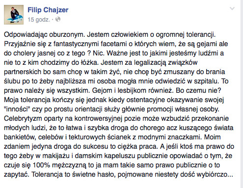 Filip odpowiada hejterom w necie, fot. print screen z facebooka Filipa Chajzera