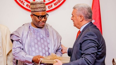 Senate President, Godswill Akpabio receives the Ambassador of Turkey, His Excellency Hidayet Bayraktar. [Facebook:GodswillObotAkpabio]
