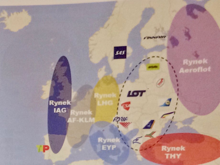 Mapa pokazująca potencjał wzrostu dla PLL LOT jako integratora rynku lotniczego w Europie Środkowej