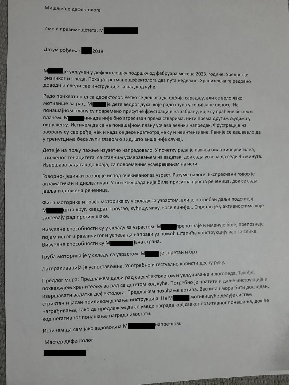 defektološki nalaz za M