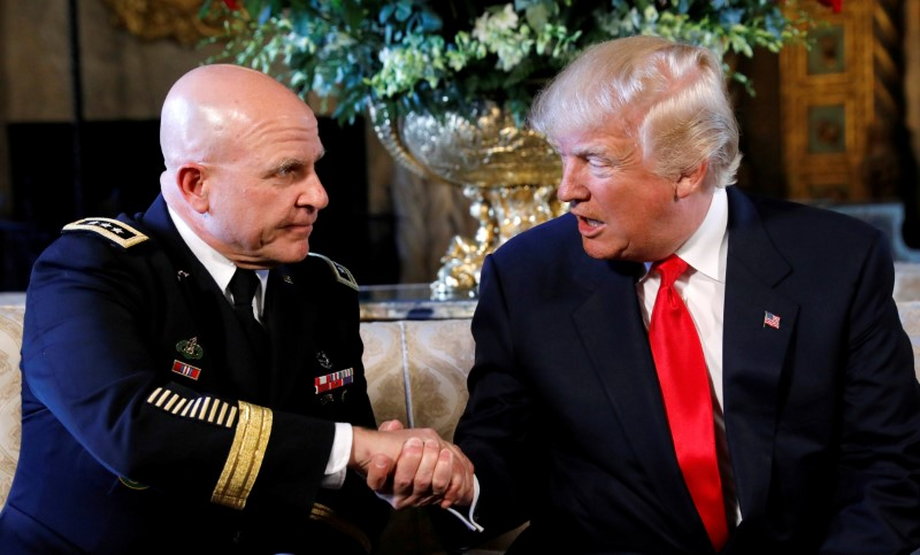 Trump shakes hands with National Security Adviser and former Army Lt. Gen. H.R. McMaster.