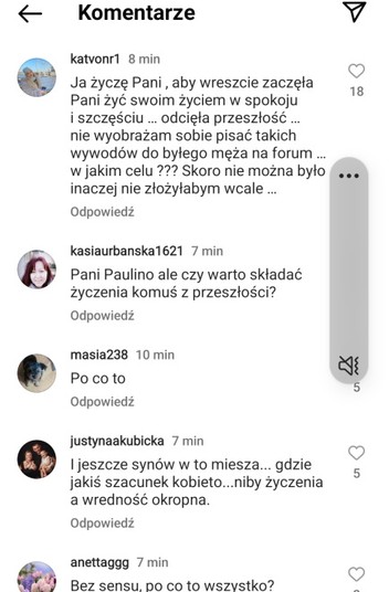 Widok komentarzy zamieszczonych pod postem na profilu Pauliny Smaszcz na Instagramie