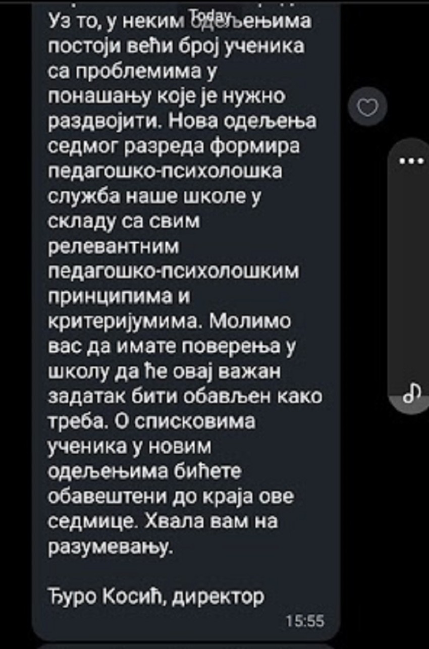 Poruka koju su roditelji dobili od direktora