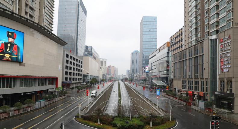 Street view after Wuhan government announced to ban non-essential vehicles in downtown area to contain coronavirus outbreak, on the second day of the Chinese Lunar New Year, in Wuhan, Hubei province, China January 26, 2020. cnsphoto via REUTERS