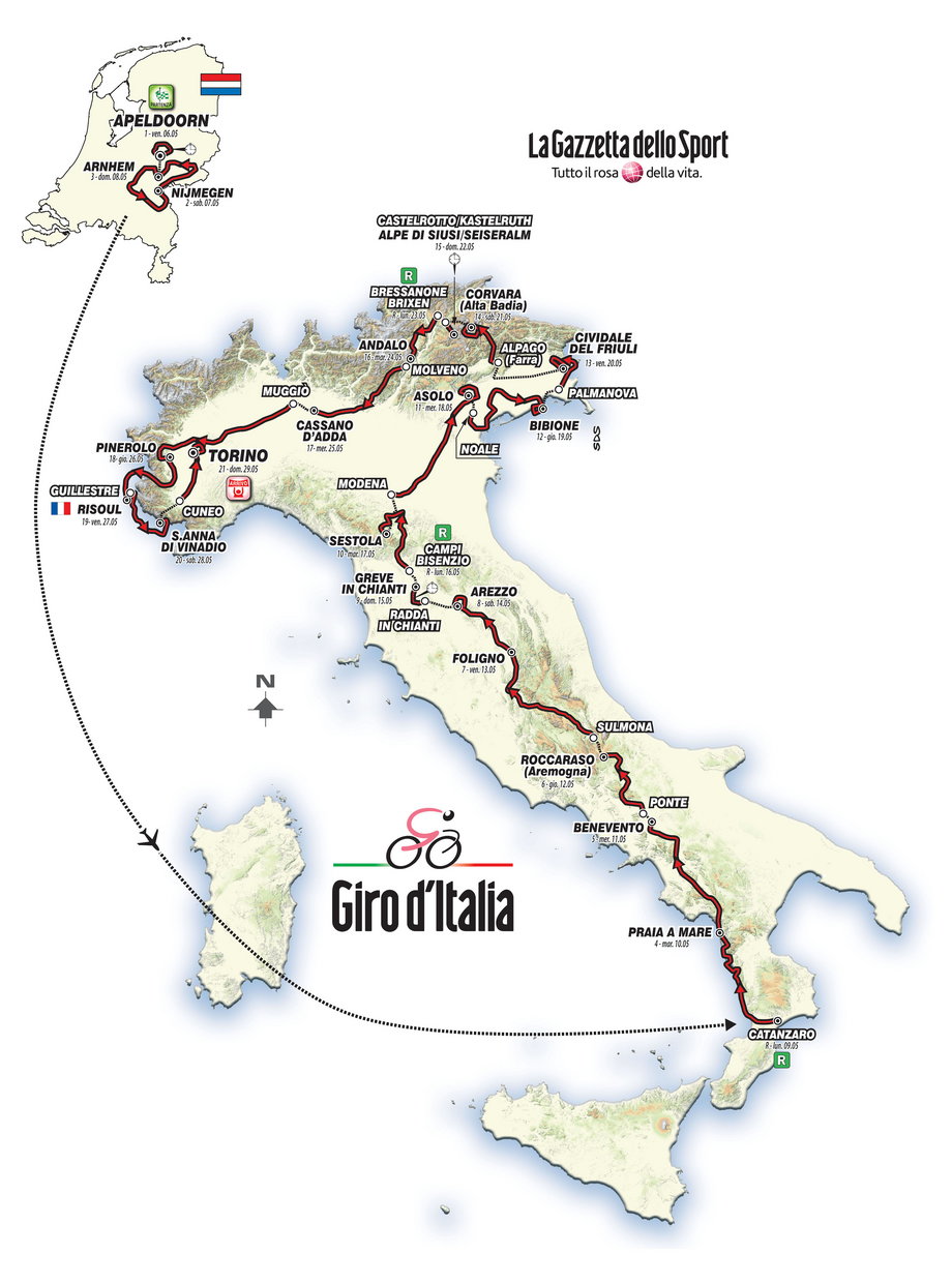 The route for the 2016 Giro d'Italia, the 99th running of the race. The riders will pedal about 2,150 miles.