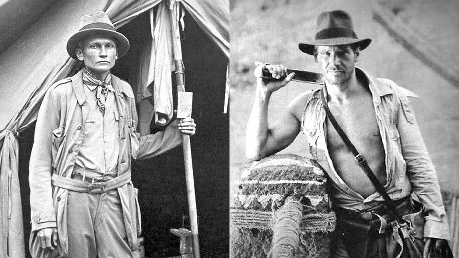 Hiram Bingham III w Machu Picchu i Harrison Ford w roli Indiany Jonesa