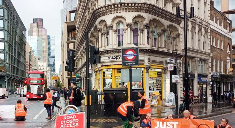 Just Stop Oil supporters blocked a junction near Mansion House station in London, Britain, on October, 27, 2022 .Just Stop Oil via Getty Images