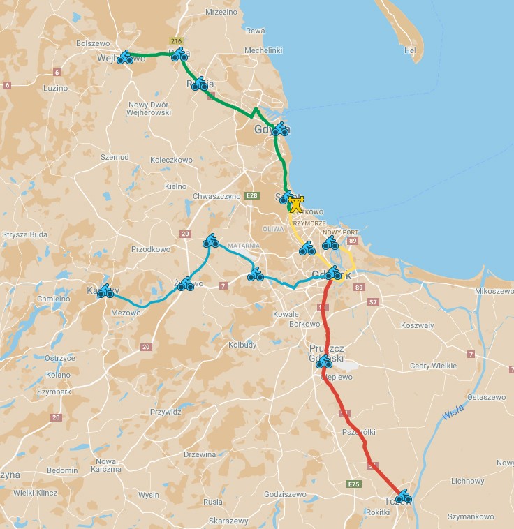 Mapa tras peletonów (południowy, zachodni, gdański i północny)