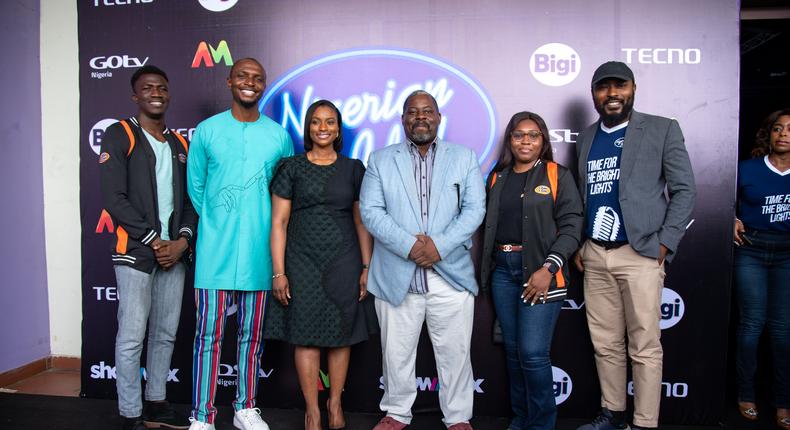 (L-R) Marketing Intern at TomTom Nigeria, Emmanuel Kuram; Nigerian Idol host, IK Osakioduwa; Executive Head, Content and West Africa Channels, Busola Tejumola; Nigerian Idol Host, Obi Asika; Brand Manager (Gum & Candy) Cadbury West Africa, Joan Odafe; Executive Head Marketing, Multichoice Nigeria, Tope Oshunkeye, at the Nigerian Idol press conference held at Multichoice Studio, Lagos State recently.