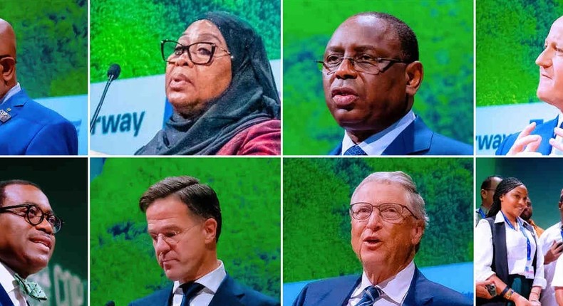 From top left to right: Union of Comoros President and African Union Chairperson Azali Assoumani, Tanzanian President Samia Suluhu Hassan, Senegalese President Macky Sall, UK Foreign Secretary David Cameron, African Development Bank Group President Dr Akinwwumi Adesina, Dutch Prime Minister Mark Rutte, philanthropist Bill Gates and 12-year-old Kenyan ambassador for the environment Karen Wanjiru Kimani