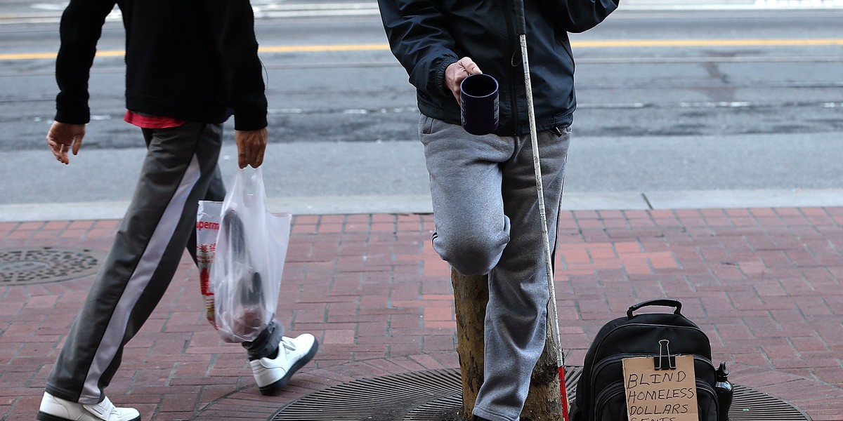 A homeless man begs for change in San Francisco, Calif.