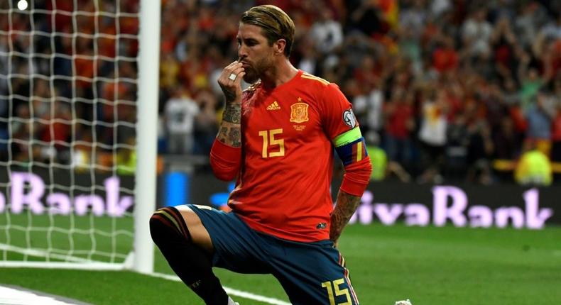 Bowing out: Sergio Ramos celebrated after converting a penalty against Sweden in Euro 2020 qualifying at  the Santiago Bernabeu stadium in Madrid Creator: PIERRE-PHILIPPE MARCOU