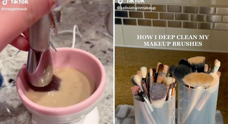 Popular TikTok tutorials showing different ways to clean makeup brushes.TikTok / @meganmauk / @kellsiebainmakeup