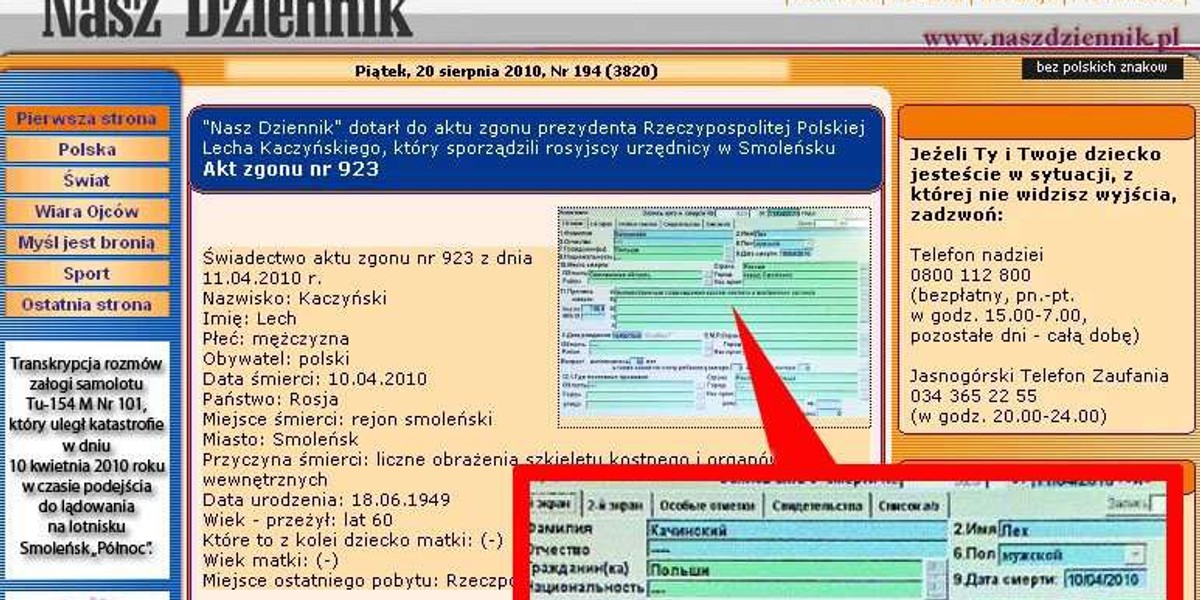Ujawniono Akt zgonu Lecha Kaczyńskiego!