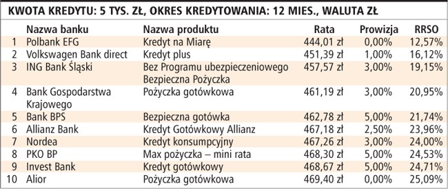 Kwota kredytu: 5 tys. zł, okres kredytowania: 12 mies., waluta zł