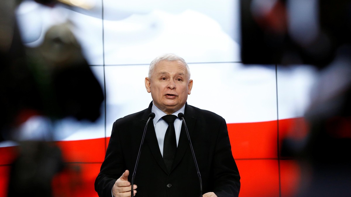 Kaczynski, the leader of the ruling Law and Justice Party speaks during a news conference in Warsaw