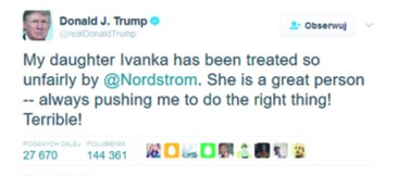 „Moja córka Ivanka została potraktowana nie fair przez Nordstrom. Jest wspaniałą osobą – zawsze motywuje mnie do robienia słusznych rzeczy! Straszne!”