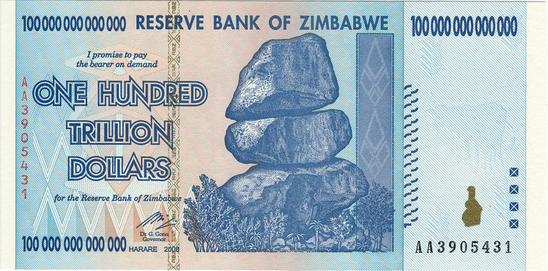 Banknot 100 bilionów dolarów Zimbabwe z 2008 r.