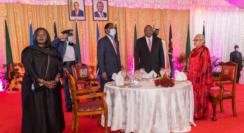 From L-R: Foreign Affairs Cabinet Secretary Raychelle Omamo, Zambian President Hakainde Hichilema, Kenyan President Uhuru Kenyatta and First Lady Margaret Kenyatta during a State Banquet at State House, Nairobi.