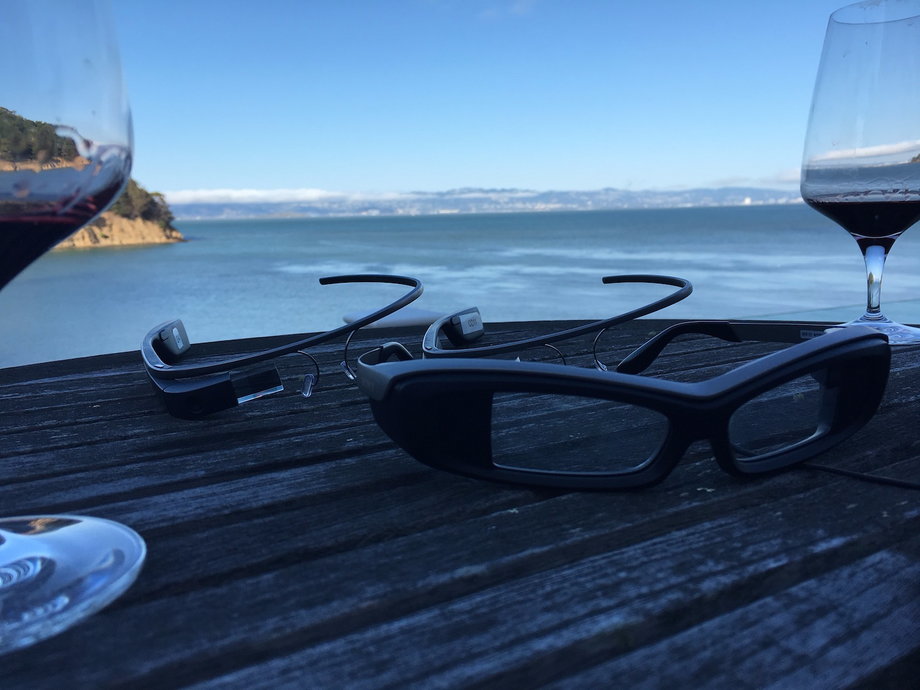 CrowdOptic uses Sony SmartEyeglass, Google Glass. They rest on a table on Fisher's deck overlooking the Bay.