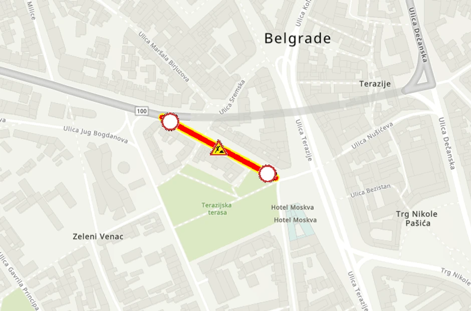 Mapa: Zatvorena Prizrenska ulica u Beogradu