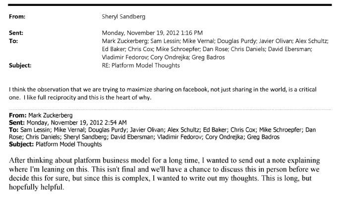 W opublikowanych teraz dokumentach znalazły się wiadomości takie jak ta pomiędzy szefem Facebooka Markiem Zuckerbergiem i dyrektorem firmy Sheryl Sandberg.