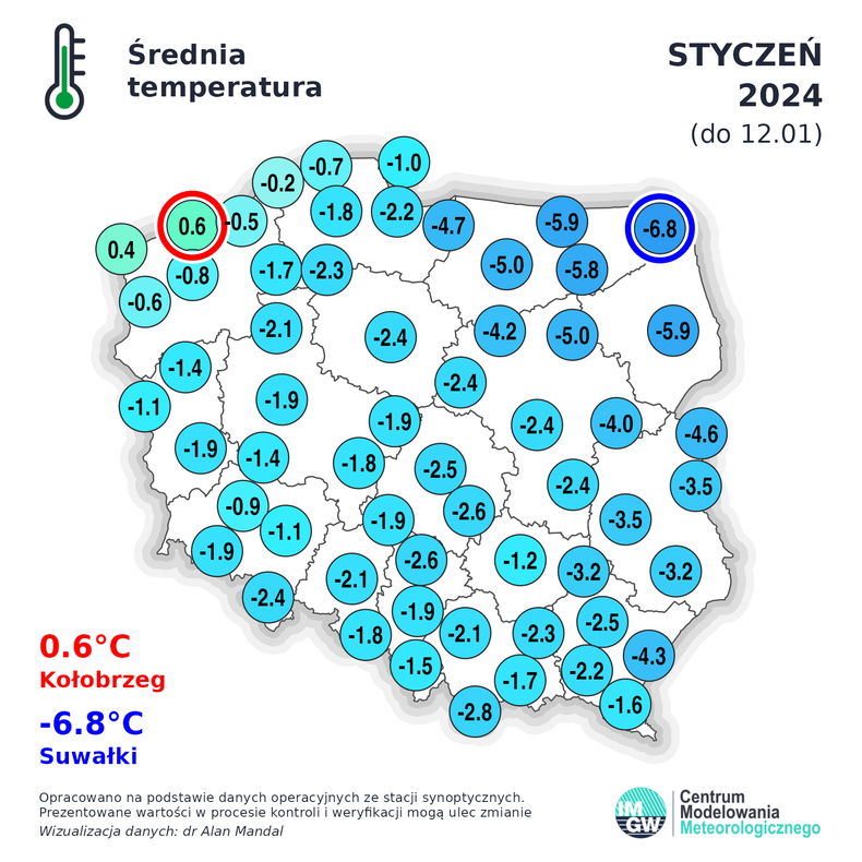 Średnia temperatura liczona od początku stycznia prawie w całym kraju jest ujemna