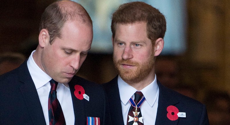 Prince William and Prince Harry attend an Anzac Day service at Westminster Abbey on April 25, 2018, in London, England.Mark Cuthbert/UK Press via Getty Images